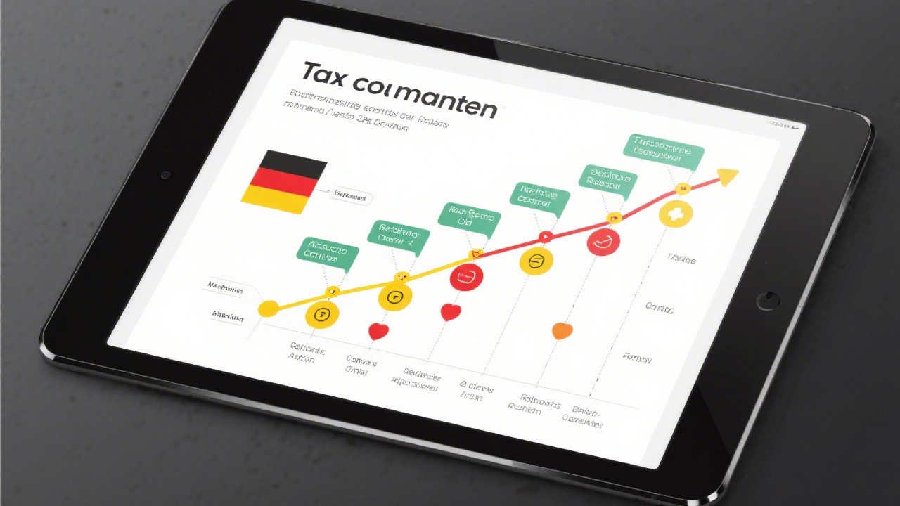Detailed roadmap infographic on tablet describing quarter by quarter German tax compliance milestones, document retention obligations, and audit readiness checkpoints