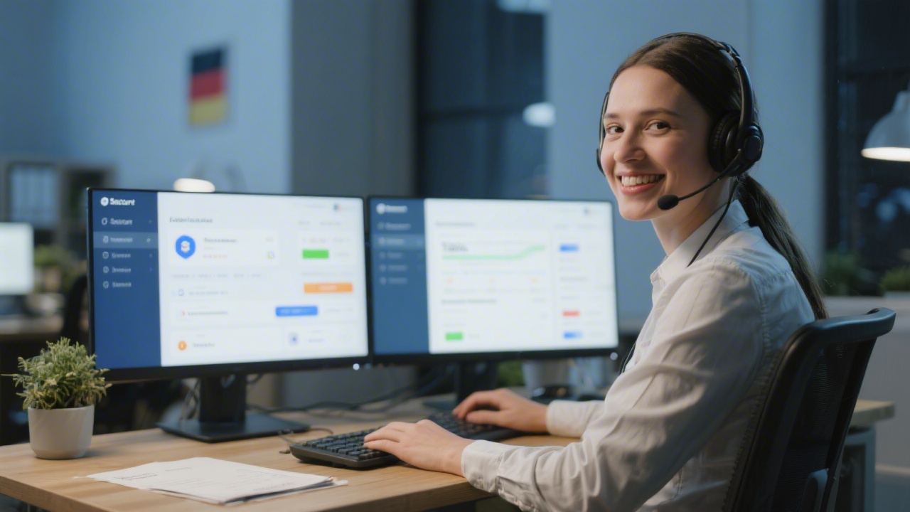Friendly support specialist wearing headset smiling at desk with dual monitors showing secure contact dashboard ready to assist German businesses with tax questions