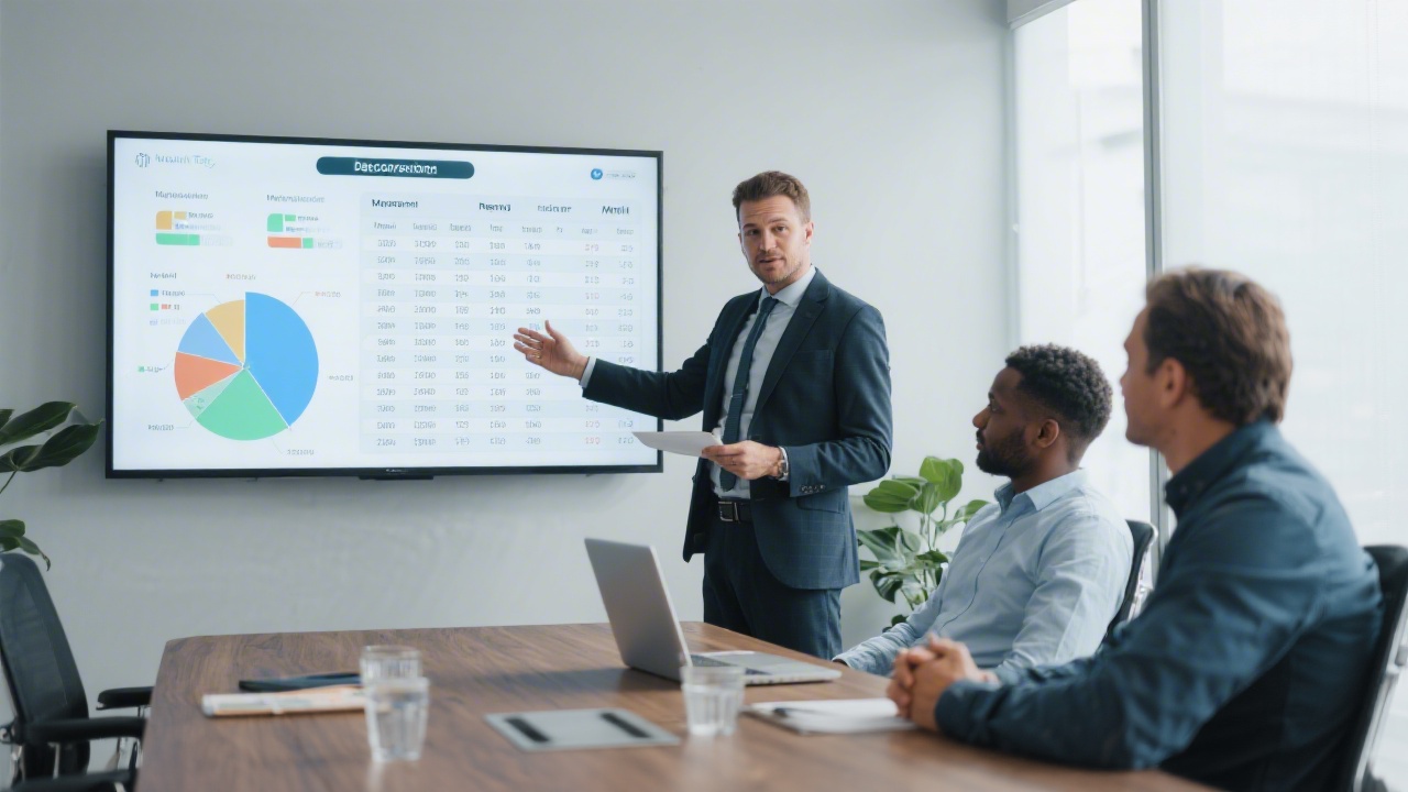 Professional tax consultant explaining depreciation schedules to small business owner while showing interactive charts on wall-mounted display in contemporary meeting room