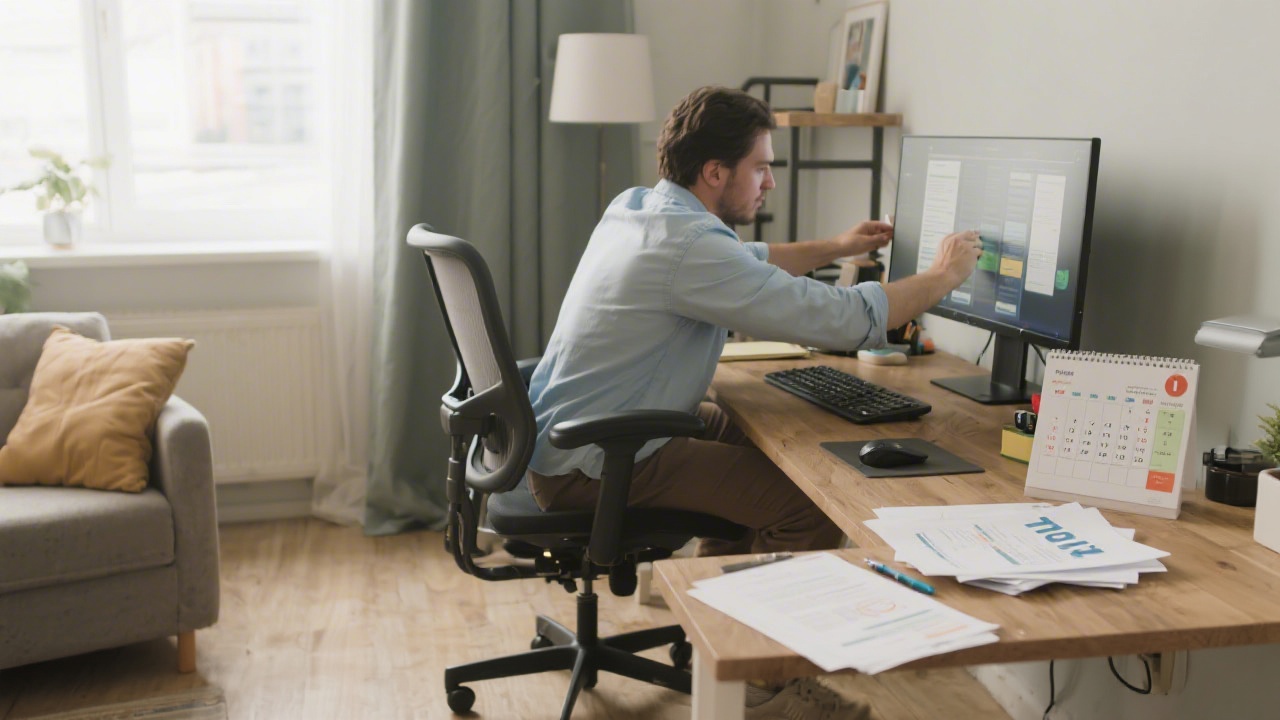 Remote worker setting up ergonomic home office environment with monitor, adjustable chair, tax-relevant documentation, and calendar reminders for expense submissions
