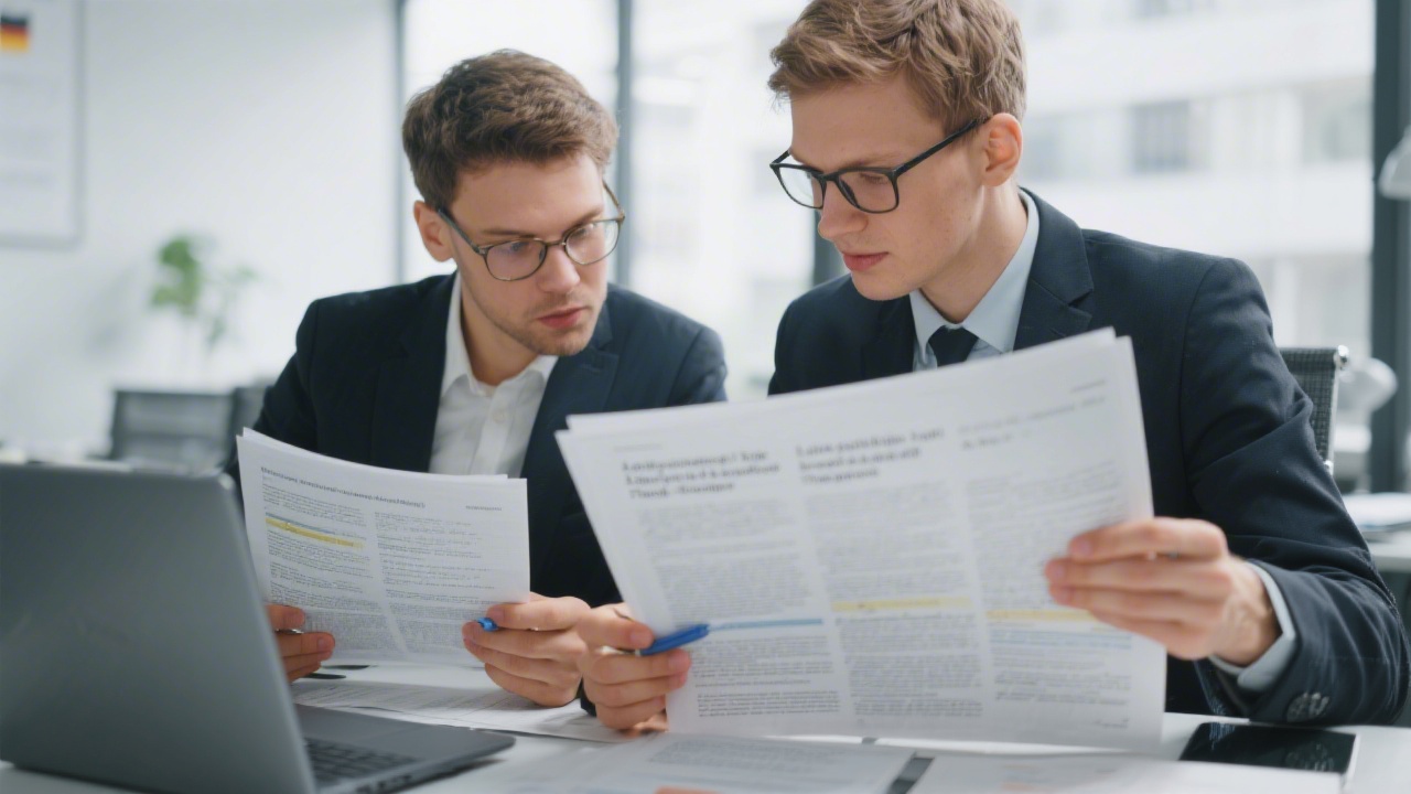 Two young finance specialists collaborating over printed legislative updates, annotating paragraphs about German tax allowances, and cross-referencing references in digital database