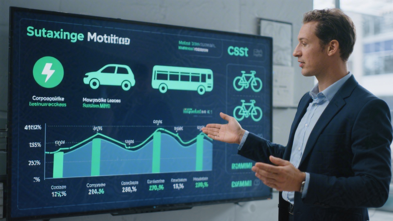 Manager presenting sustainable mobility cost breakdown on interactive display with icons for electric vehicles, public transport, and corporate bike leasing incentives